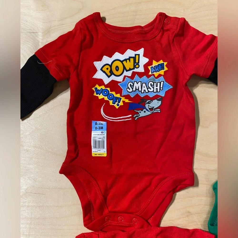 4 Garanimals Comic and Sports Baby Bodysuits - Red, Green, Navy 0-3M (OQ)
